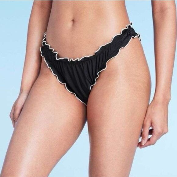 NWT Wild Fable Contrast Stitch Cheeky High Leg Ruffle Bikini Bottom M - Picture 1 of 7